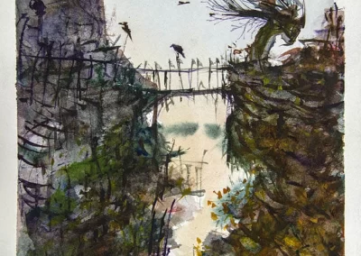 detailed watercolor on paper artwork, fairy tale house on a cliff with water bellow and birds above, artistic style, soft colors, dreamy, imaginative crow on a fence