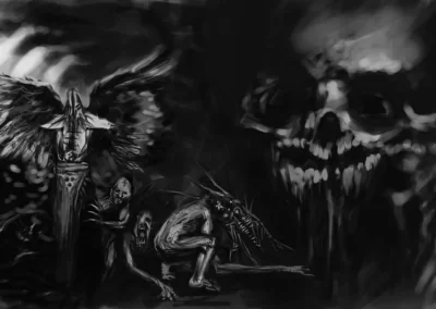 digital art, dark art, hellish landscape and characters, lose style, black white