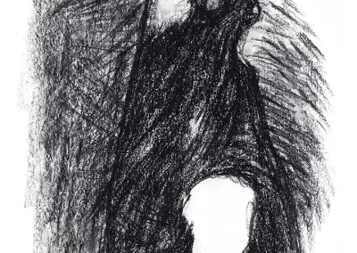 black and white, dry pastel, dark art, artwork, drawing, black ghost, white light entity, fear, sleep paralysis