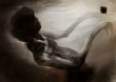 digital art, leaning back, figure, humanoid, child, alien, sand, brown and grey