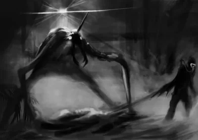 digital art, scuba diver in a misty water, walking, giant beetle creature behind him, game art, speedpaint