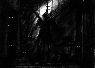 black white digital artwork, dungeon, monster,