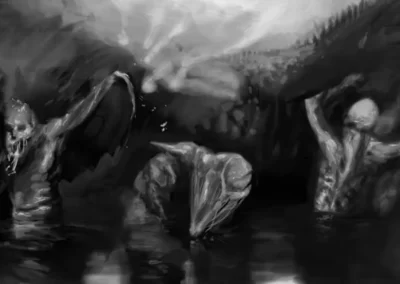digital art, pit of hell, demons in tar