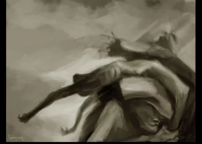 digital art, abstract, man carrying a dead body on his back