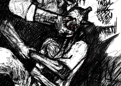 digital art, black white, aggressive, detained soldier, scary, horror, war,
