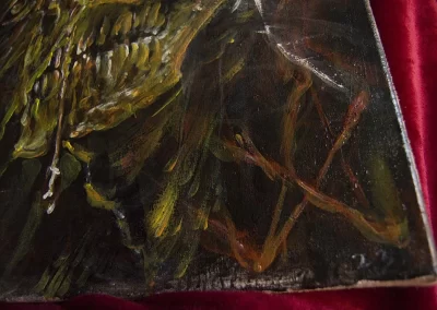 close up of a dark art style acrylic artwork on linen canvas