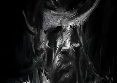 digital oil, black white, dark, scary, portrait of a male face, heavily smudged