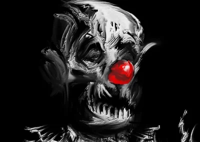 digital art, dark style, portrait of a twisted sad looking clown with a vibrant red nose