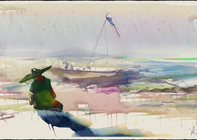 digital watercolor artwork of a avocado colored man sitting on a sunny shore looking at abstract gentle boat in front of him, paint drip wet on wet watercolor