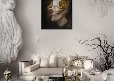 Mocap image showing a square dark occult artwork of a gold and marble statue digital art print.