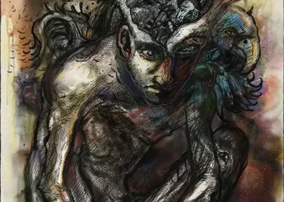 large artwork, watercolor and ink and dry pastels, nude boy sitting and his head is opened and ideas coming out of it, abstract piece, artwork, detailed drawing, dark looking, interesting original artwork