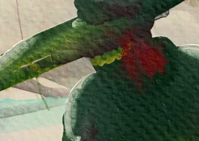 zoomed in detail of digital watercolor art, avocado green hat, red bandana