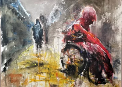 An Abstract Modern Acrylic Artwork done in lose expressive style, depicting a red man in a wheelchair and in a corridor with a black figure looming behind him and the floor is yellow with dripping paint.