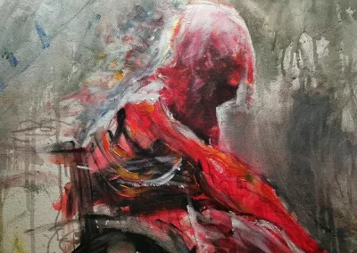 Close up photo of a lose style Acrylic Artwork depicting a red man speeding onwards in a wheelchair.