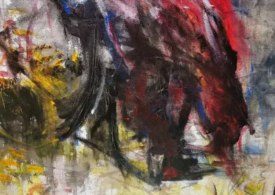Close up of a lose style Acrylic Artwork depicting blurry wheelchair in motion.
